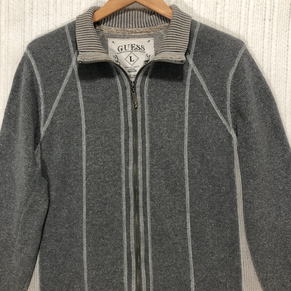 Guess Mens Grey Full Zip Mock Neck Sweater Contrast Stitch Ribbed Large